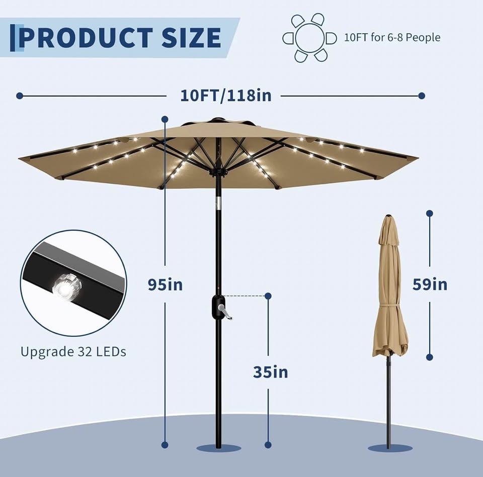 10 ft Solar LED Patio Umbrella